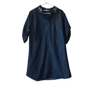 Given Kale Women's Chambray Floral Embroidered Collar Belted Denim Dress Size 1X